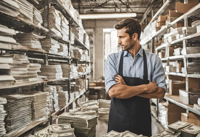 Man in print shop with finished volumes and currency